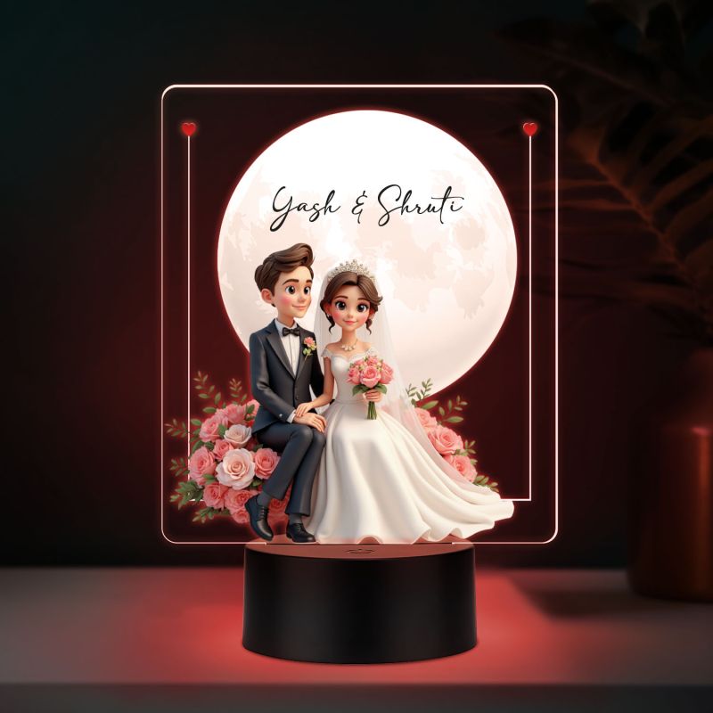 Personalized Wedding Couple LED Night Light with Moon and Roses, Color Changing Acrylic Lamp with Black Base Wedding Gift for Friends Customized Gifts for Couple